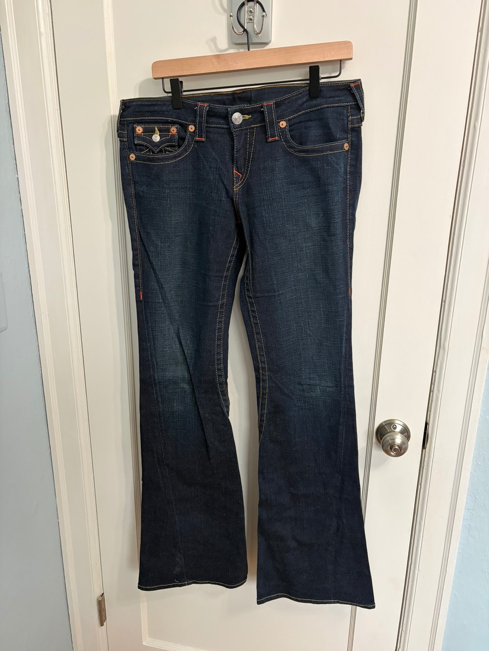 True Religion Joey Flare Jeans Women 31 Dark Wash USA Made Flap Pocket